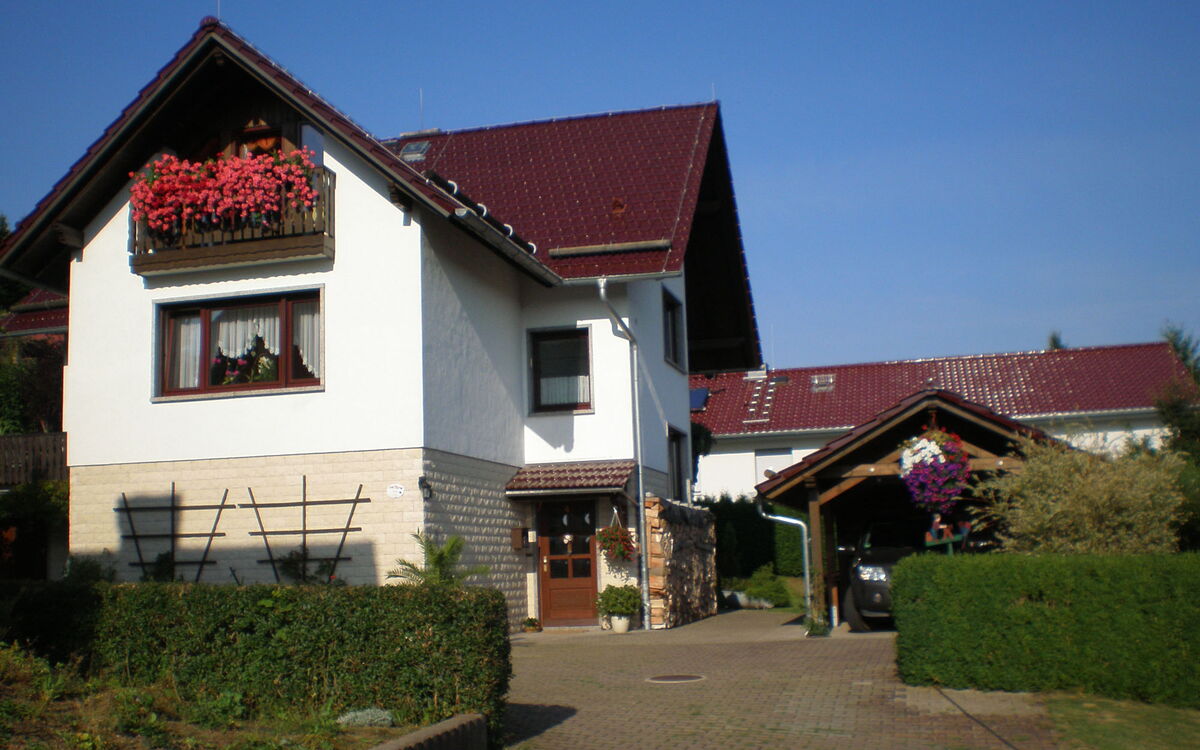 Außenansicht Haus mit Hof und Carport